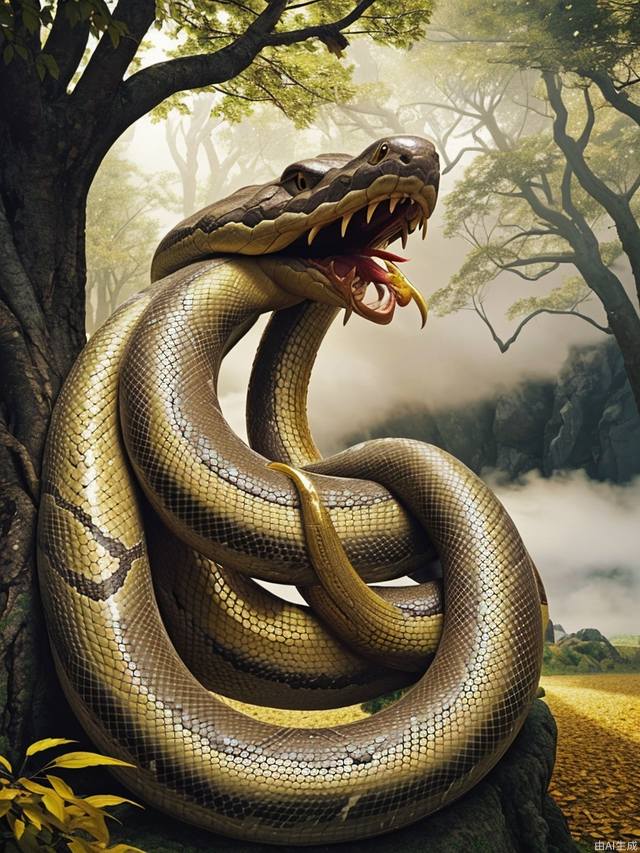 A giant snake shone with golden light and the texture of its scales was delicate and realistic, coiled around the trunk of a lush tree with golden leaves. The giant snake opened its mouth, revealing its sharp teeth, and kept dropping gold coins from its mouth, with a majestic expression. The background is the fantasy mountain range shrouded in clouds and mist, creating a mysterious and fantastical atmosphere.