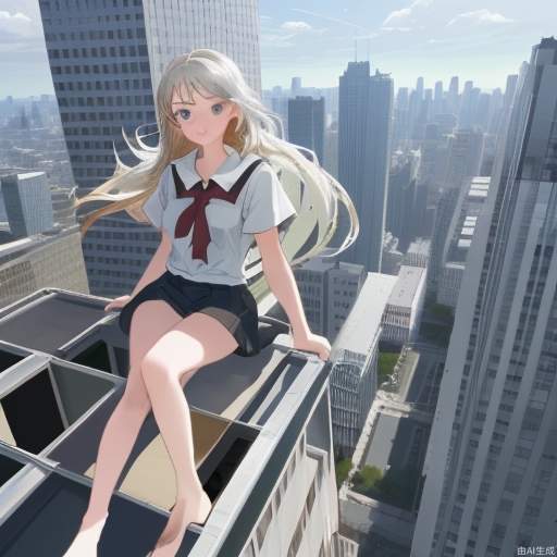 Beth girl on the top floor of a tall building with long hair fluttering 18 years old