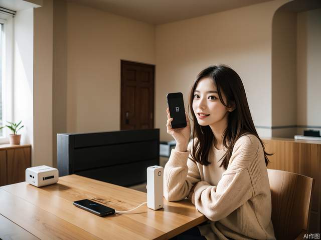 Medium shot, simple and stylish indoor environment, a woman charging her mobile phone, holding a power bank in one hand, a mobile phone in the other, two hands in mid-air, face facing the camera