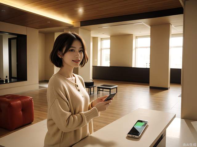 Medium shot, simple and stylish indoor environment, a woman charging her mobile phone, holding a power bank in one hand, a mobile phone in the other, two hands in mid-air, face facing the camera