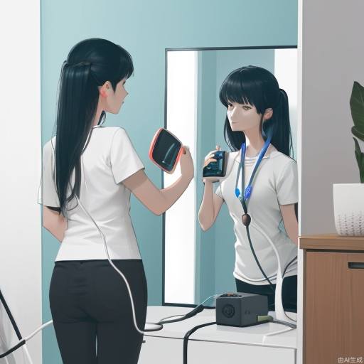 Middle shot, a simple and stylish interior, a woman holding a rechargeable physiotherapy mirror in one hand and a charging cable in the other