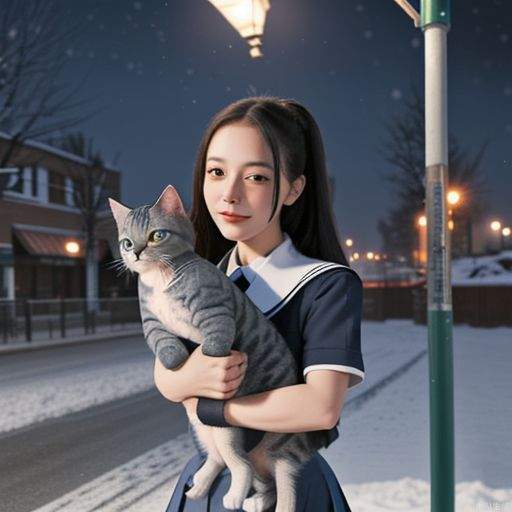 1girl, looking at viewer, carry a cat, School uniform, Cuddling a Russian blue cat under a streetlight pole on a snowy night