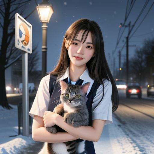 1girl, looking at viewer, carry a cat, School uniform, Cuddling a Russian blue cat under a streetlight pole on a snowy night