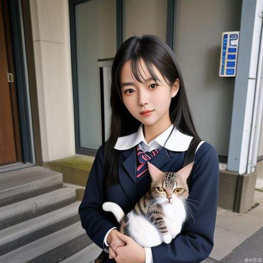 1个女孩，看着观众，带着一只猫，校服