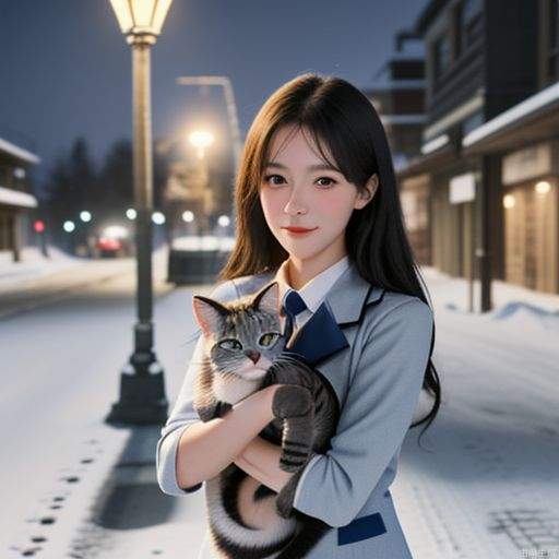 1girl, looking at viewer, carry a cat, School uniform, Cuddling a Russian blue cat under a streetlight pole on a snowy night