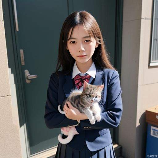 1girl, looking at viewer, carry a cat, School uniform