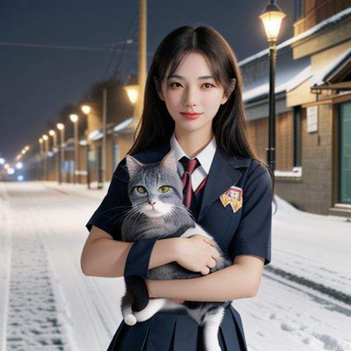 1girl, looking at viewer, carry a cat, School uniform, Cuddling a Russian blue cat under a streetlight pole on a snowy night