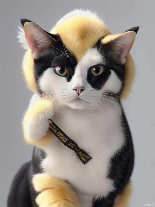 Cat: Four legs, mostly white fur. yellow fur at the base of the left ear.black fur at the base of the right ear, and there is yellow fur above the right eye, with these two patches of fur connected together. There is yellow fur on the tail, with two black spots in the middle.