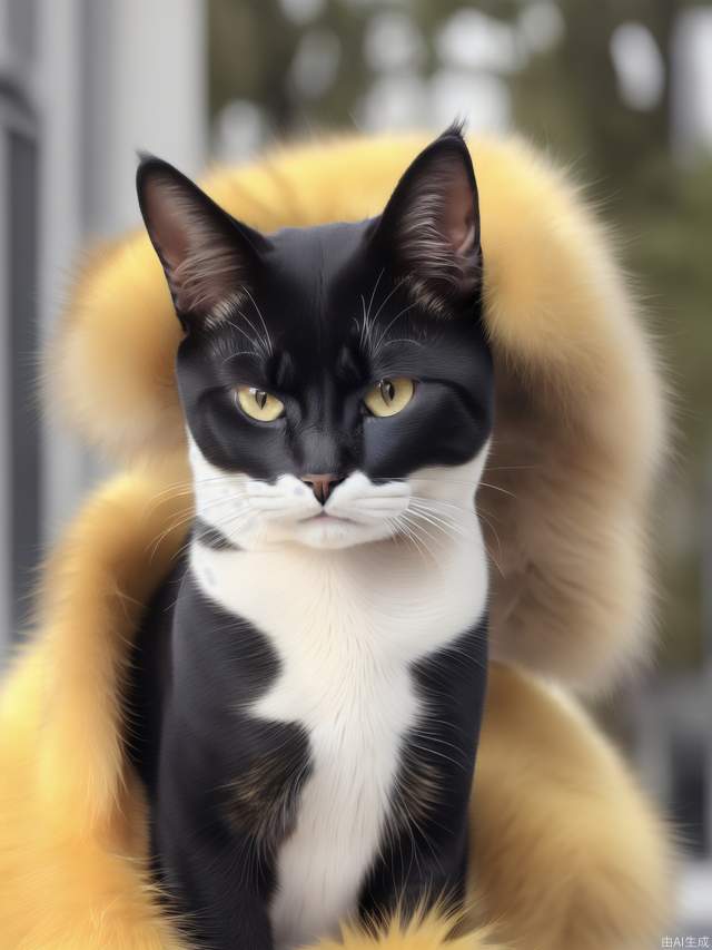 Cat: Four legs, mostly white fur. yellow fur at the base of the left ear.black fur at the base of the right ear, and there is yellow fur above the right eye, with these two patches of fur connected together. There is yellow fur on the tail, with two black spots in the middle.