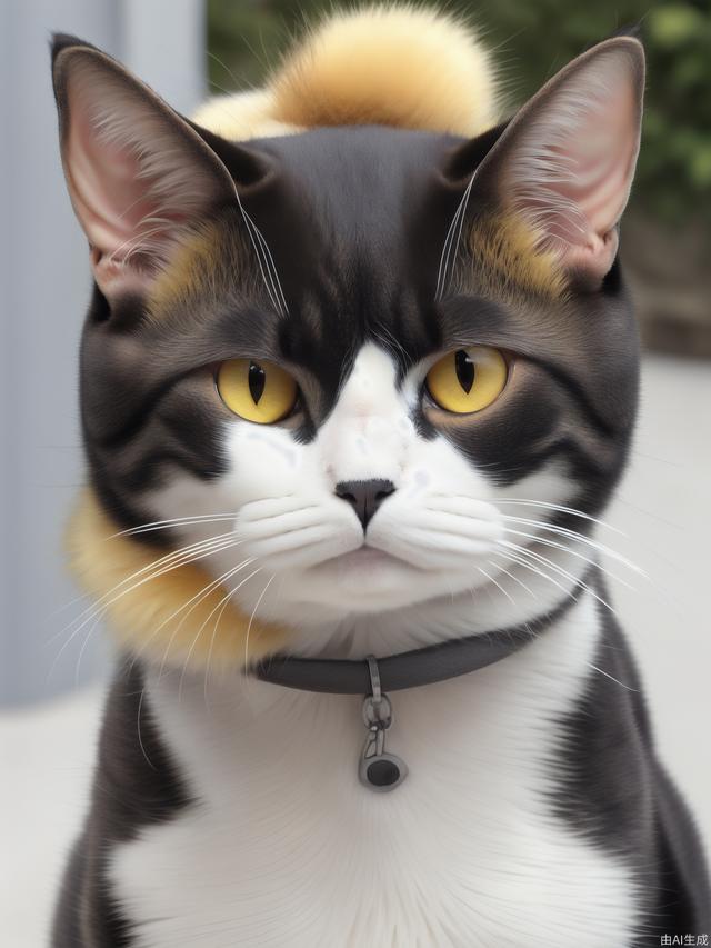 Cat: Four legs, mostly white fur. yellow fur at the base of the left ear.black fur at the base of the right ear, and there is yellow fur above the right eye, with these two patches of fur connected together. There is yellow fur on the tail, with two black spots in the middle.