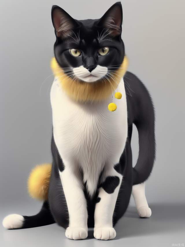 Cat: Four legs, mostly white fur. yellow fur at the base of the left ear.black fur at the base of the right ear, and there is yellow fur above the right eye, with these two patches of fur connected together. There is yellow fur on the tail, with two black spots in the middle.