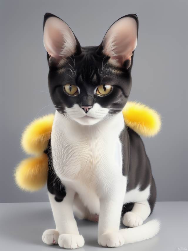 Cat: Four legs, mostly white fur. yellow fur at the base of the left ear.black fur at the base of the right ear, and there is yellow fur above the right eye, with these two patches of fur connected together. There is yellow fur on the tail, with two black spots in the middle.