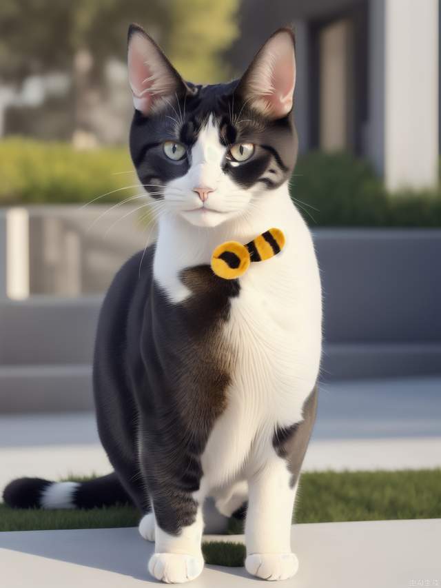 Cat: Four legs, mostly white fur. yellow fur at the base of the left ear.black fur at the base of the right ear, and there is yellow fur above the right eye, with these two patches of fur connected together. There is yellow fur on the tail, with two black spots in the middle.