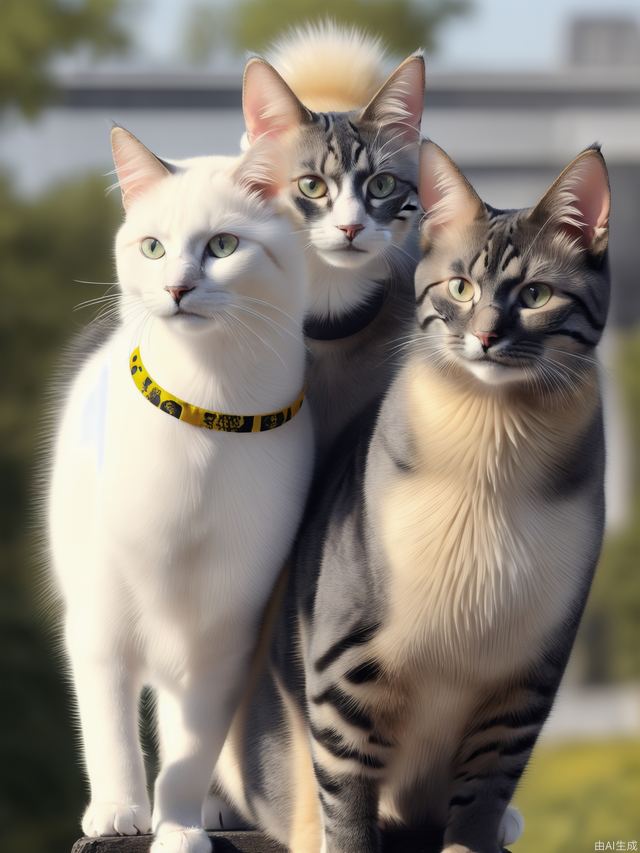 Cat: Four legs, mostly white fur. yellow fur at the base of the left ear.black fur at the base of the right ear, and there is yellow fur above the right eye, with these two patches of fur connected together. There is yellow fur on the tail, with two black spots in the middle.