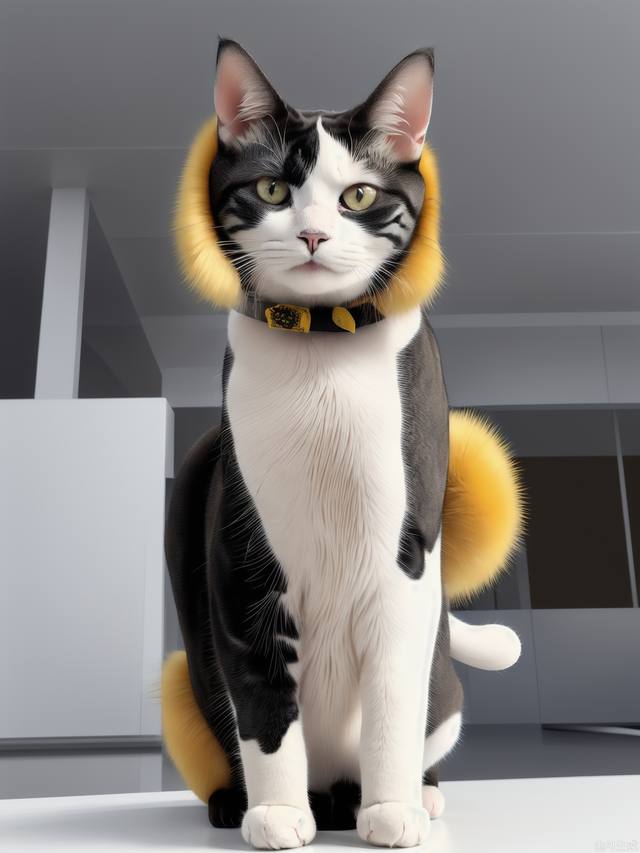 Cat: Four legs, mostly white fur. yellow fur at the base of the left ear.black fur at the base of the right ear, and there is yellow fur above the right eye, with these two patches of fur connected together. There is yellow fur on the tail, with two black spots in the middle.