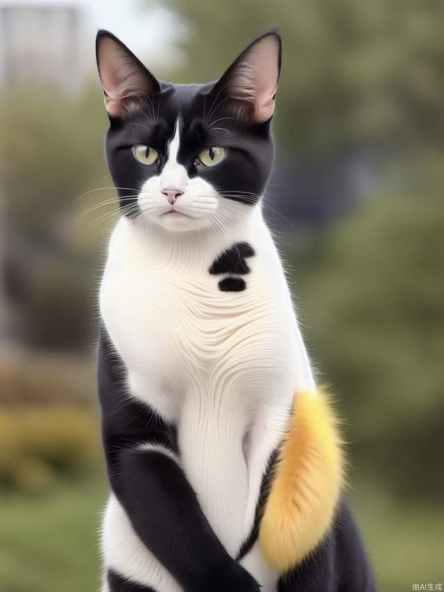 Cat: Four legs, mostly white fur. yellow fur at the base of the left ear.black fur at the base of the right ear, and there is yellow fur above the right eye, with these two patches of fur connected together. There is yellow fur on the tail, with two black spots in the middle.