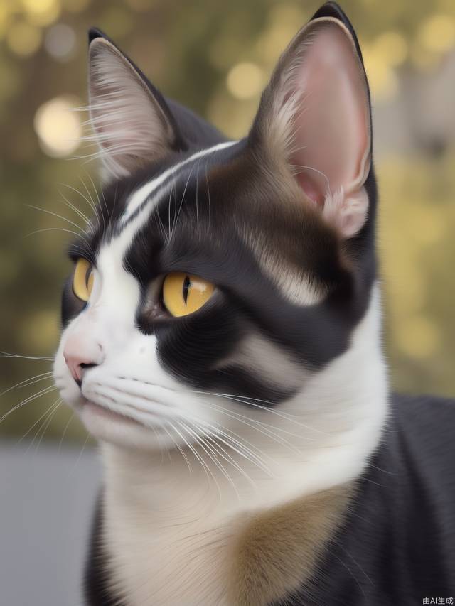 Cat: Four legs, mostly white fur. yellow fur at the base of the left ear.black fur at the base of the right ear, and there is yellow fur above the right eye, with these two patches of fur connected together. There is yellow fur on the tail, with two black spots in the middle.