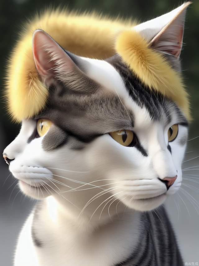 Cat: Four legs, mostly white fur. yellow fur at the base of the left ear.black fur at the base of the right ear, and there is yellow fur above the right eye, with these two patches of fur connected together. There is yellow fur on the tail, with two black spots in the middle.