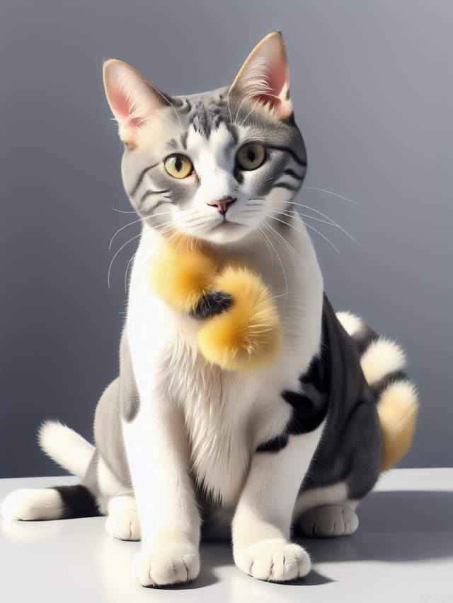 Cat: Four legs, mostly white fur. yellow fur at the base of the left ear.black fur at the base of the right ear, and there is yellow fur above the right eye, with these two patches of fur connected together. There is yellow fur on the tail, with two black spots in the middle.