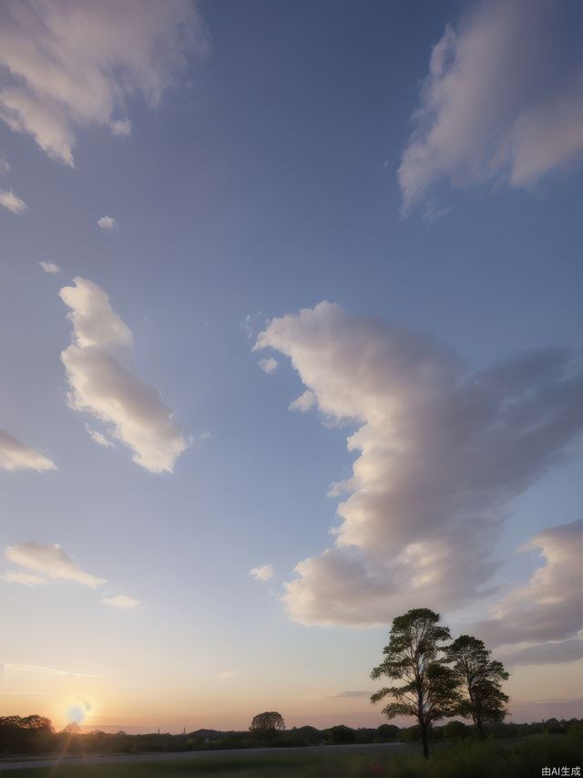 Blue sky, white clouds, the lingering glow of the setting sun