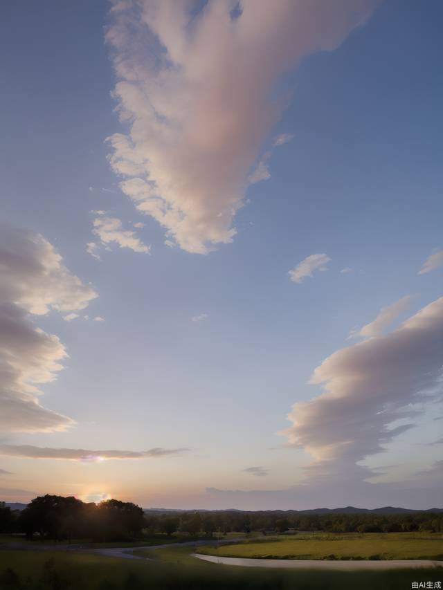 Blue sky, white clouds, the lingering glow of the setting sun