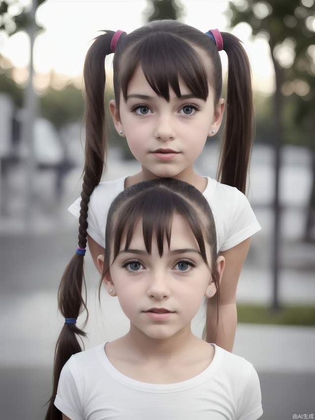 A 10-year-old girl with prominent ears, a large head, big eyes, and a ponytail, with big eyes.