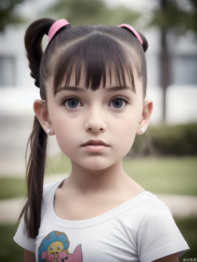 A 10-year-old girl with prominent ears, a large head, big eyes, and a ponytail, with big eyes.