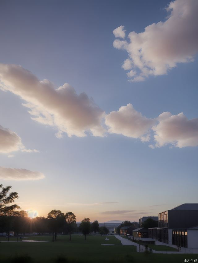 Blue sky, white clouds, the lingering glow of the setting sun