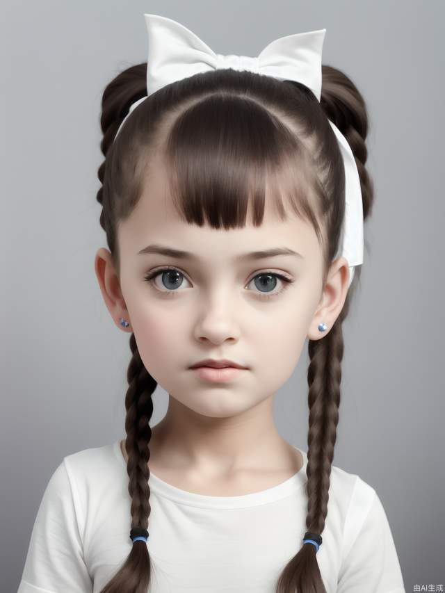 A 10-year-old girl with prominent ears, a large head, big eyes, and a ponytail, with big eyes.