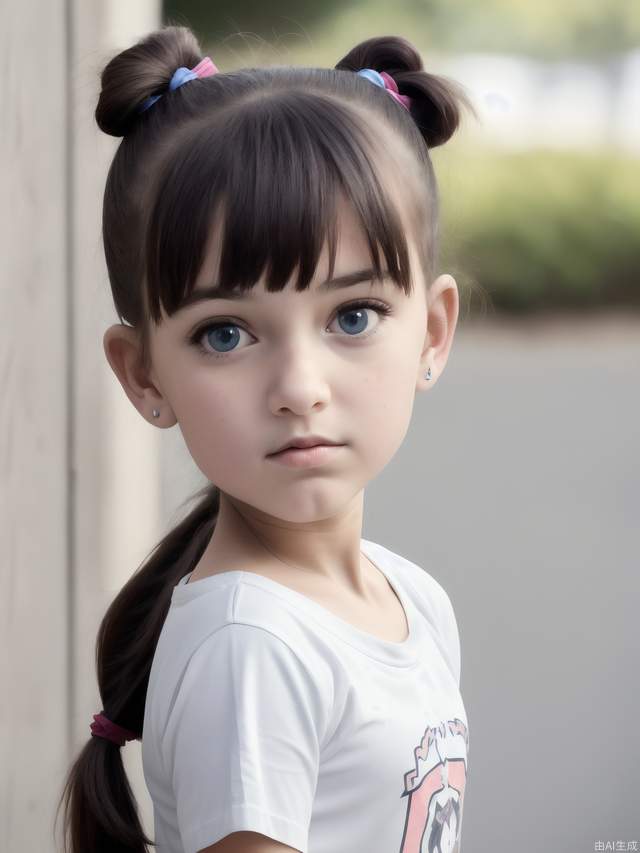 A 10-year-old girl with prominent ears, a large head, big eyes, and a ponytail, with big eyes.