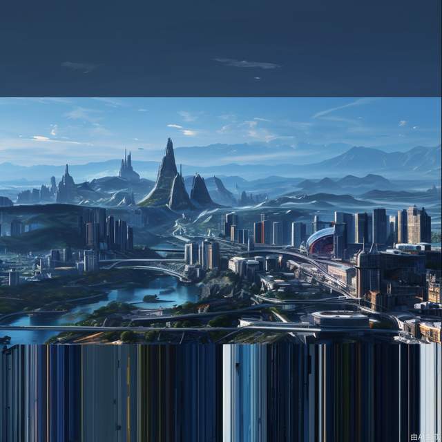 city，building, contemporary, mountain, river, sky，sci-fi futuristic style