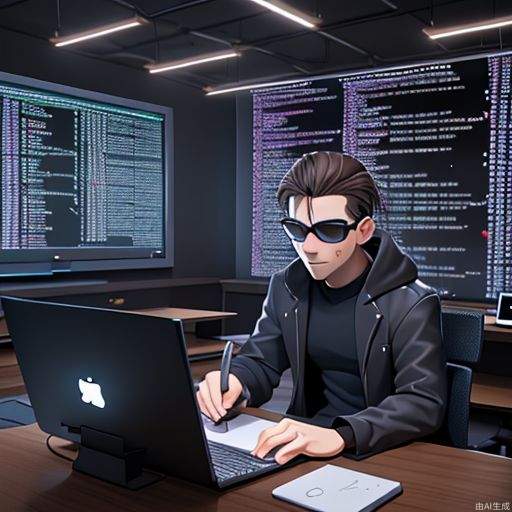 a man, developer, matrix style, coding on the table, massy room, dark room, hacker