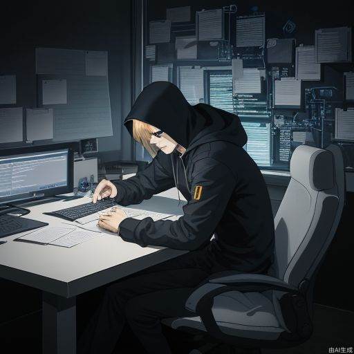 a man, developer, matrix style, coding on the table, massy room, dark room, hacker