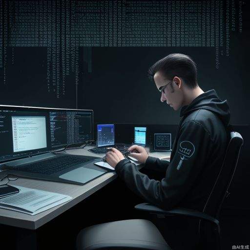 a man, developer, matrix style, coding on the table, massy room, dark room, hacker