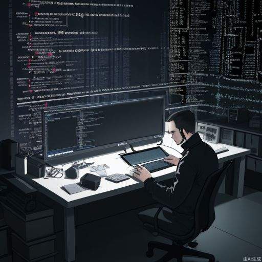 a man, developer, matrix style, coding on the table, massy room, dark room, hacker