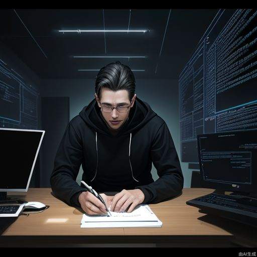 a man, developer, matrix style, coding on the table, massy room, dark room, hacker