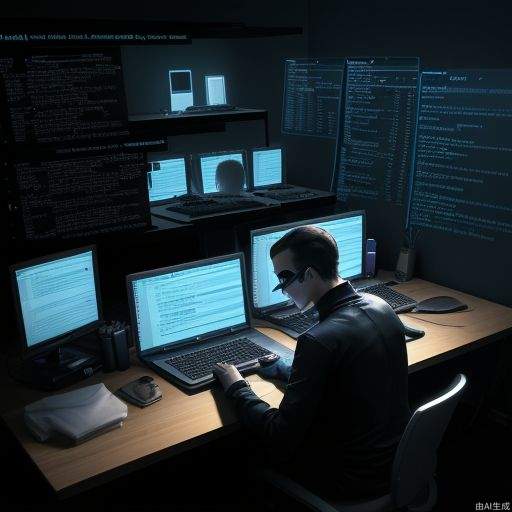 a man, developer, matrix style, coding on the table, massy room, dark room, hacker