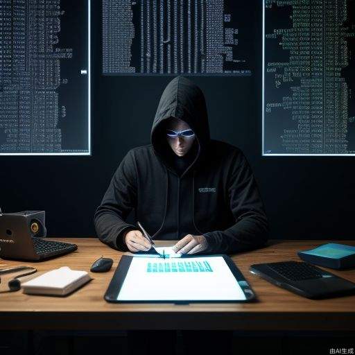 a man, developer, matrix style, coding on the table, massy room, dark room, hacker