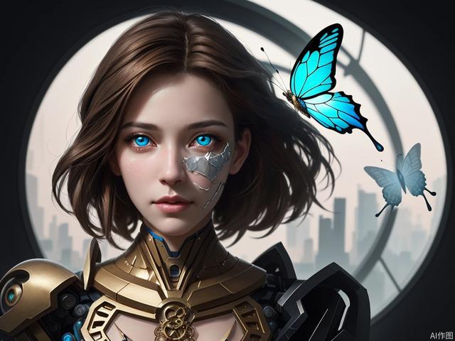 4k portrait of beautiful cyborg with brown hair, intricate, elegant, highly detailed, majestic, digital photography, art by artgerm and ruan jia and greg rutkowski surreal painting gold butterfly filigree, broken glass, (masterpiece, sidelighting, finely detailed beautiful eyes: 1.2), hdr, (detailed background window to a new dimension, plants and flowers:0.7) infinity, infinite symbol,
