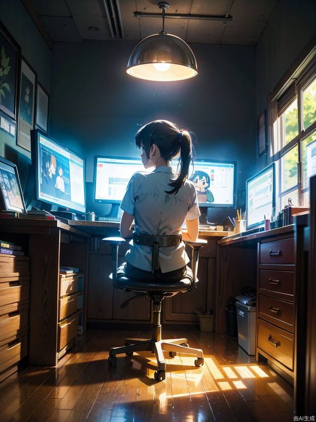 (style of studio ghibli), (masterpiece, best quality), Inside the company, incandescent lights, desktops, chairs, some lit computers, and people wearing work clothes are working