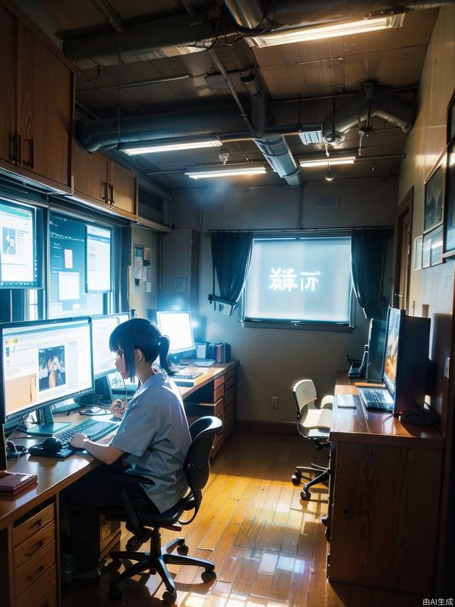 (style of studio ghibli), (masterpiece, best quality), Inside the company, incandescent lights, desktops, chairs, some lit computers, and people wearing work clothes are working