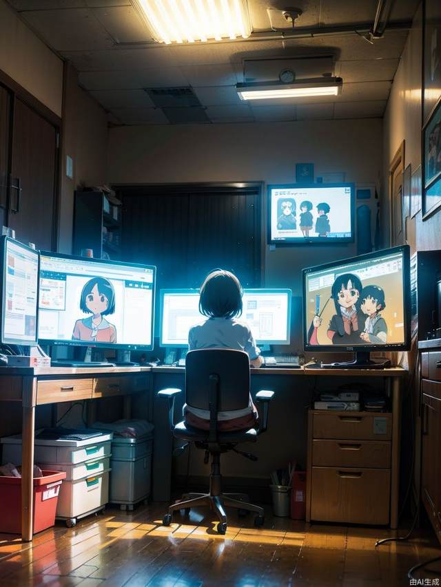 (style of studio ghibli), (masterpiece, best quality), Inside the company, incandescent lights, desktops, chairs, some lit computers, and people wearing work clothes are working