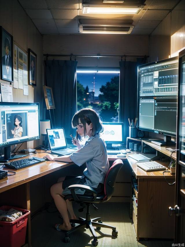 (style of studio ghibli), (masterpiece, best quality), Inside the company, incandescent lights, desktops, chairs, some lit computers, and people wearing work clothes are working