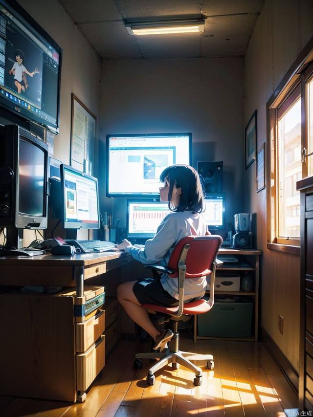 (style of studio ghibli), (masterpiece, best quality), Inside the company, incandescent lights, desktops, chairs, some lit computers, and people wearing work clothes are working