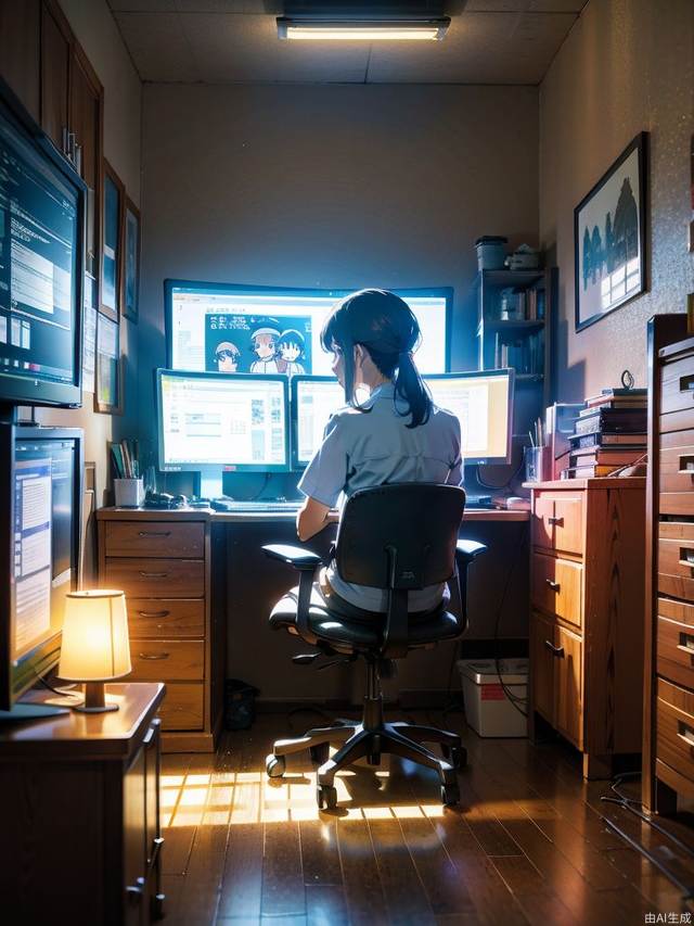 (style of studio ghibli), (masterpiece, best quality), Inside the company, incandescent lights, desktops, chairs, some lit computers, and people wearing work clothes are working