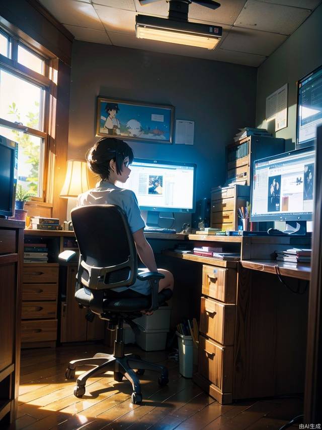 (style of studio ghibli), (masterpiece, best quality), Inside the company, incandescent lights, desktops, chairs, some lit computers, and people wearing work clothes are working