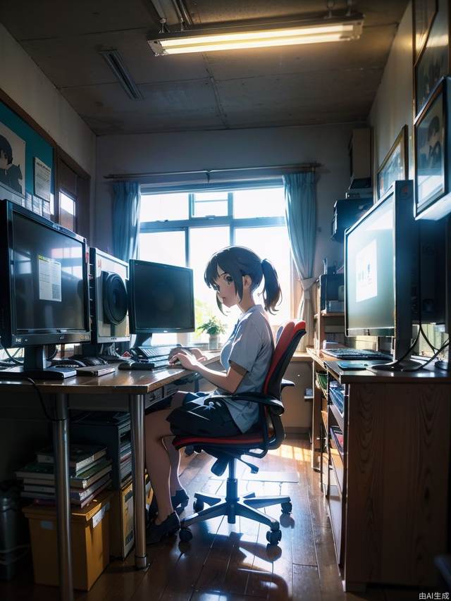 (style of studio ghibli), (masterpiece, best quality), Inside the company, incandescent lights, desktops, chairs, some lit computers, and people wearing work clothes are working