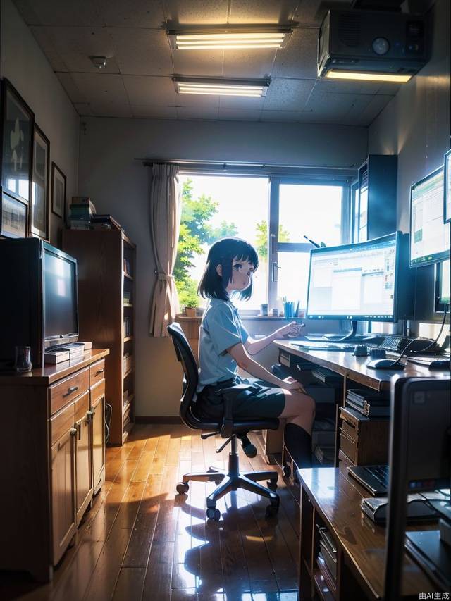 (style of studio ghibli), (masterpiece, best quality), Inside the company, incandescent lights, desktops, chairs, some lit computers, and people wearing work clothes are working