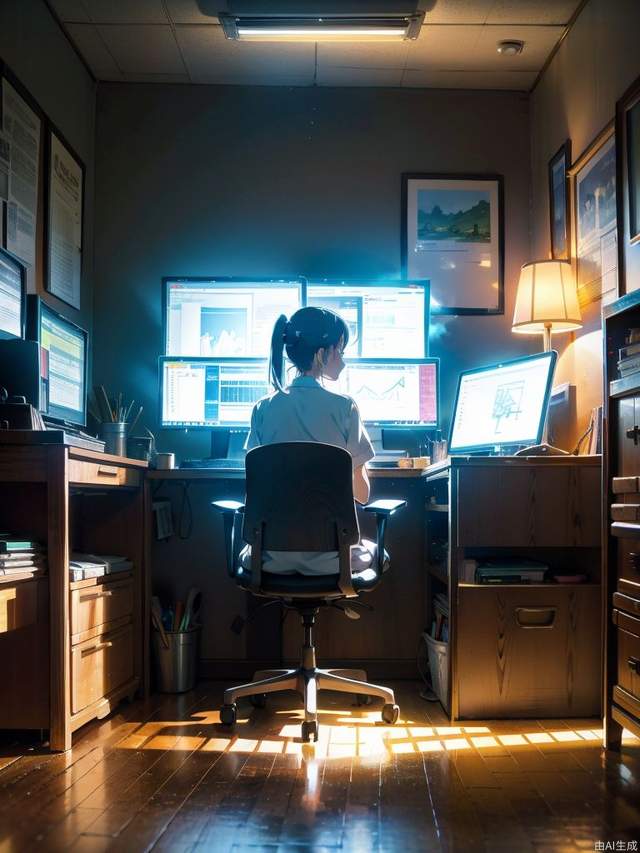 (style of studio ghibli), (masterpiece, best quality), Inside the company, incandescent lights, desktops, chairs, some lit computers, and people wearing work clothes are working