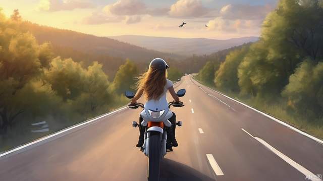 Motorcyclists, girls with long hair and racing helmets, highways to the sky, dense woods, trees covered with white fluffy cats, cats sleeping, sunsets on the road, vistas